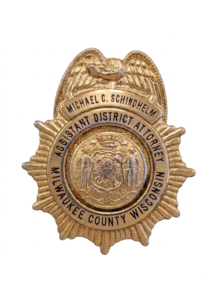 Badge for Waukesha County in Wisconsin, featuring an eagle at the top, a central emblem with two figures, and the text 'Michael C. Schindhelm Assistant District Attorney Waukesha County Wisconsin'.