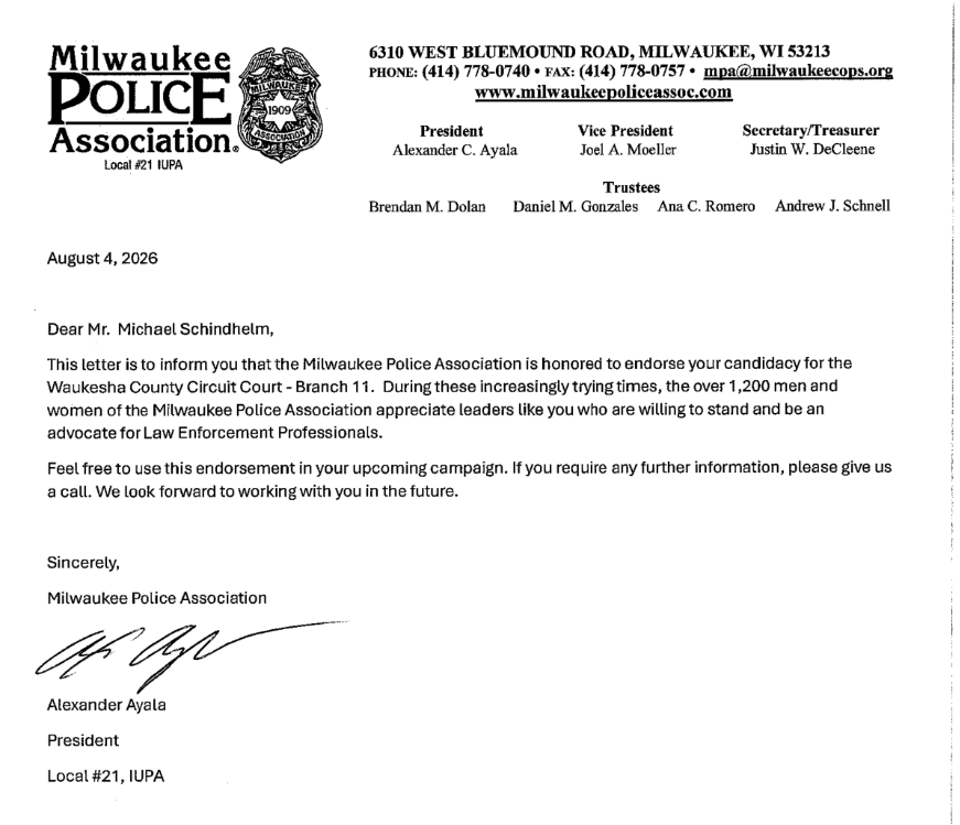 Letter from Milwaukee Police Association with letterhead, address, and text endorsing Mr. Michael Schindhelm for the Waukesha County Circuit Court.