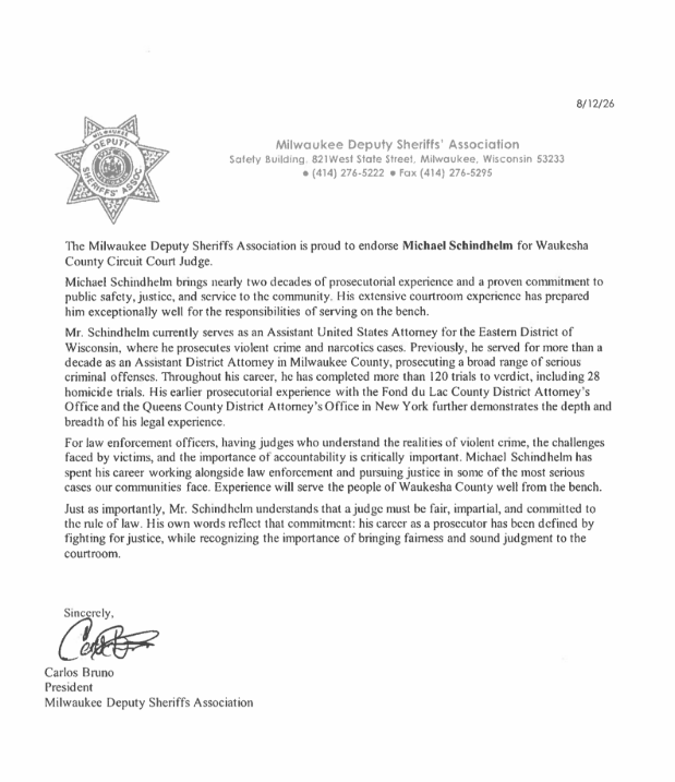 Official endorsement letter from Milwaukee Deputy Sheriffs Association supporting Michael Schindhelm's candidacy for Wisconsin Circuit Court judge.