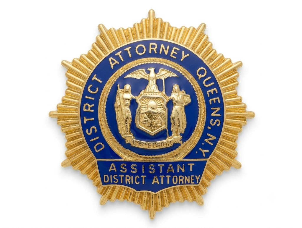 Gold and blue badge with text 'District Attorney Queen's Assistant District Attorney' and a central emblem featuring an eagle, two women, and a shield with a sun and mountain scene.