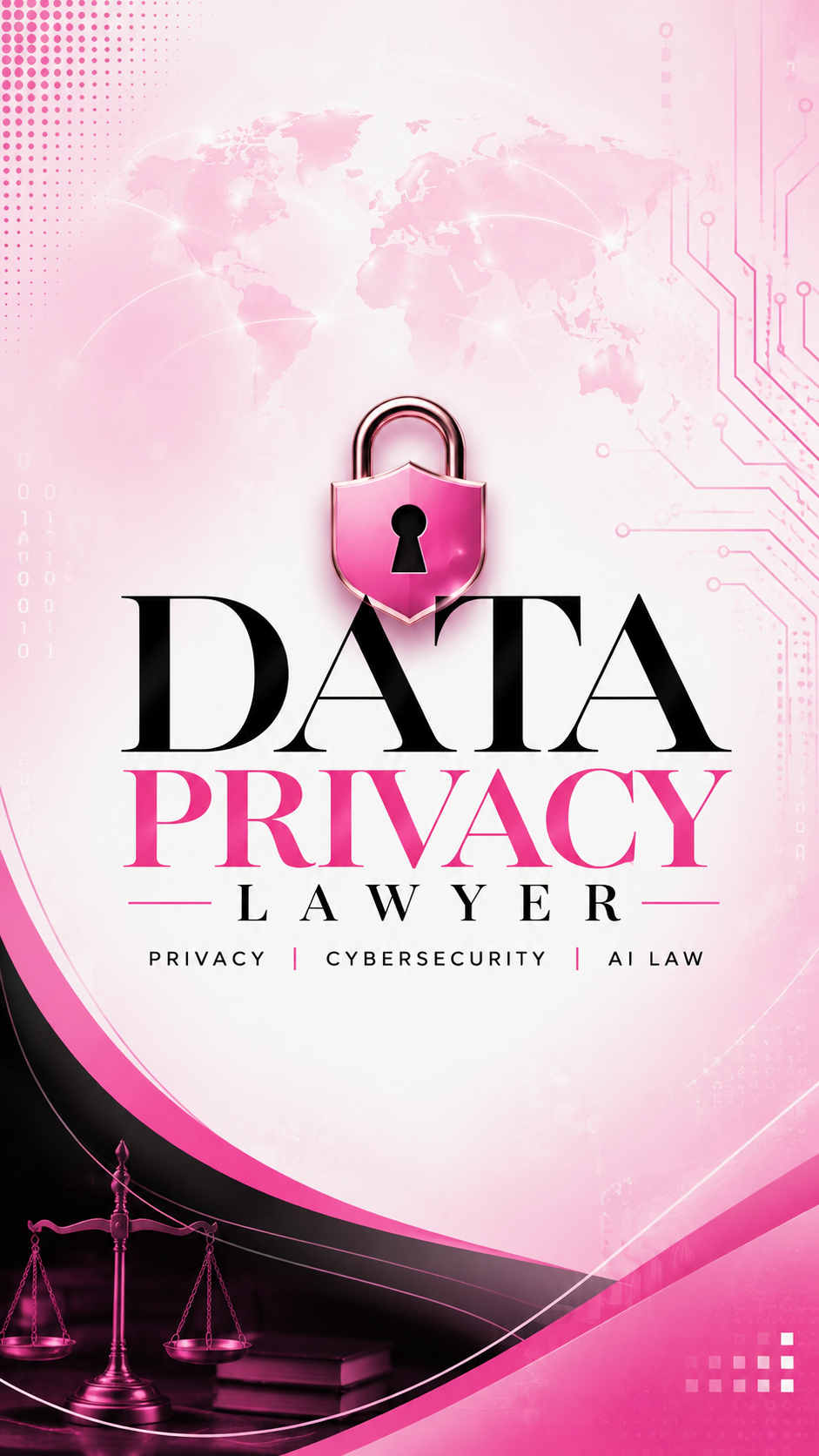 Book cover with pink and black color theme, featuring a world map in the background, a pink padlock icon, and scales of justice. Title reads 'Data Privacy Lawyer' with subtopics Privacy, Cybersecurity, AI Law.
