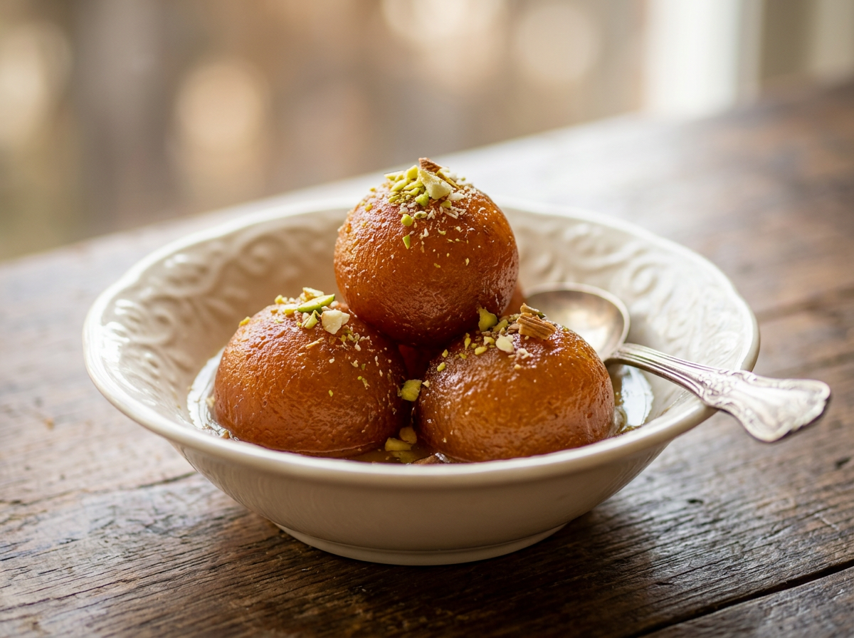 Three gulab jamuns in a white bowl garnished with chopped nuts and served with syrup.