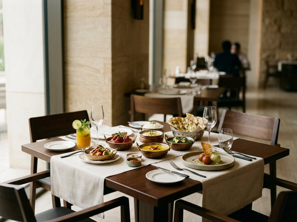 Fine dining table with a white tablecloth set with plates, glasses, and various Indian dishes, in a restaurant
