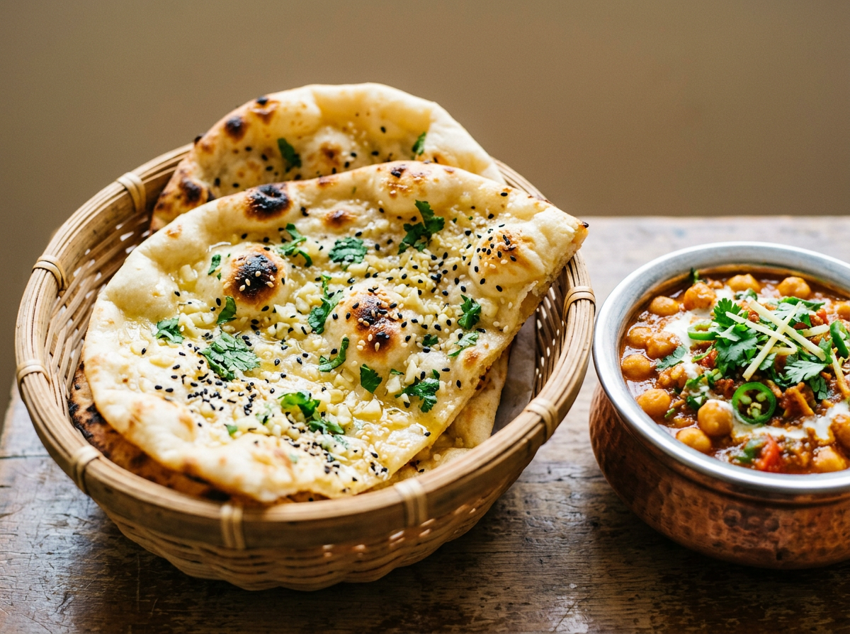 Indian naan bread with herbs and sesame seeds in a woven basket, served alongside a bowl of chickpea curry garnished with cilantro and sliced green chili on a wooden surface.