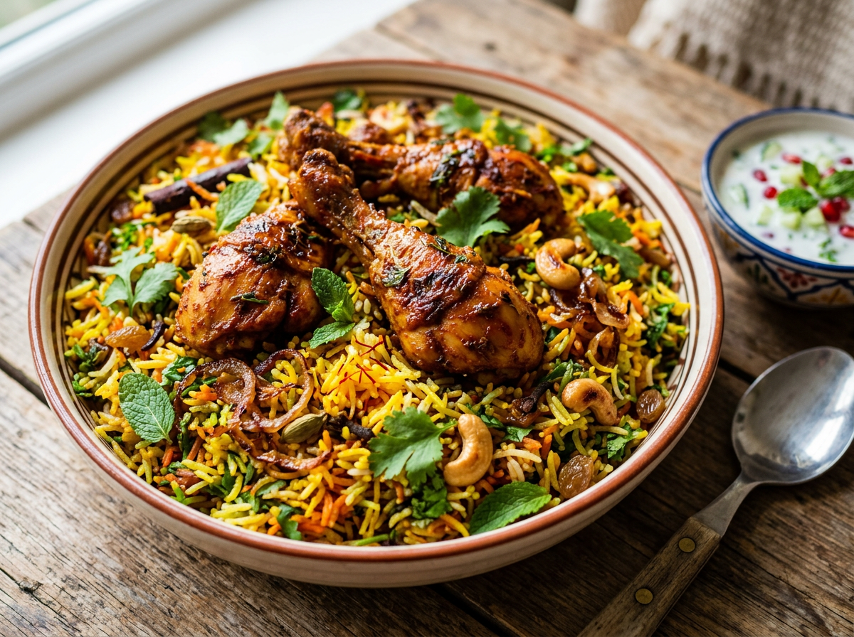 A bowl of chicken biryani rice garnished with fresh mint and cilantro, with a side of raita and a spoon on a wooden table.