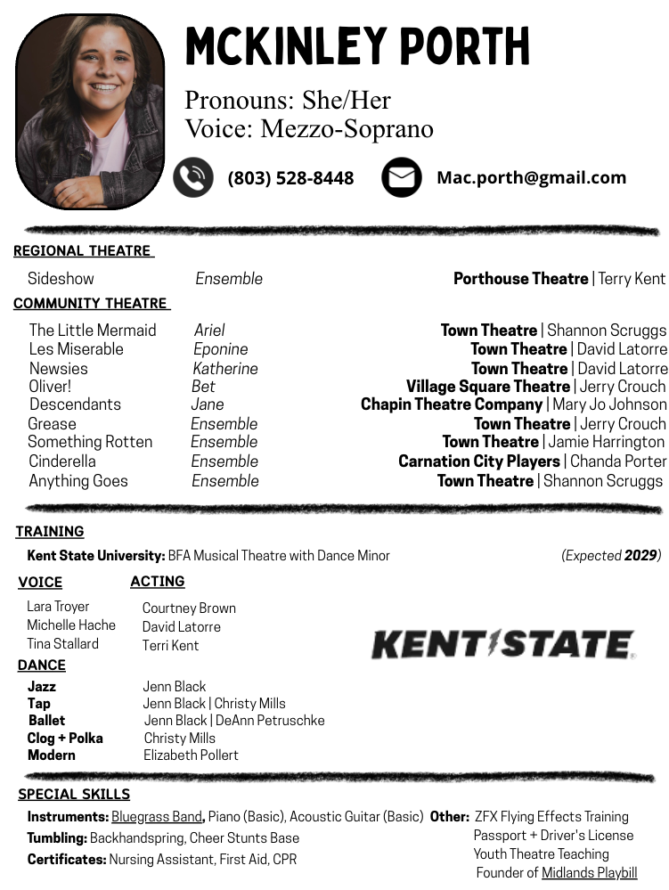 A resume for McKinley Porth featuring a photo of a young woman with long, dark hair, smiling and wearing a denim jacket. The resume includes her pronouns, voice type, contact information, and details about her theater experience, training, voice, dance, and special skills.