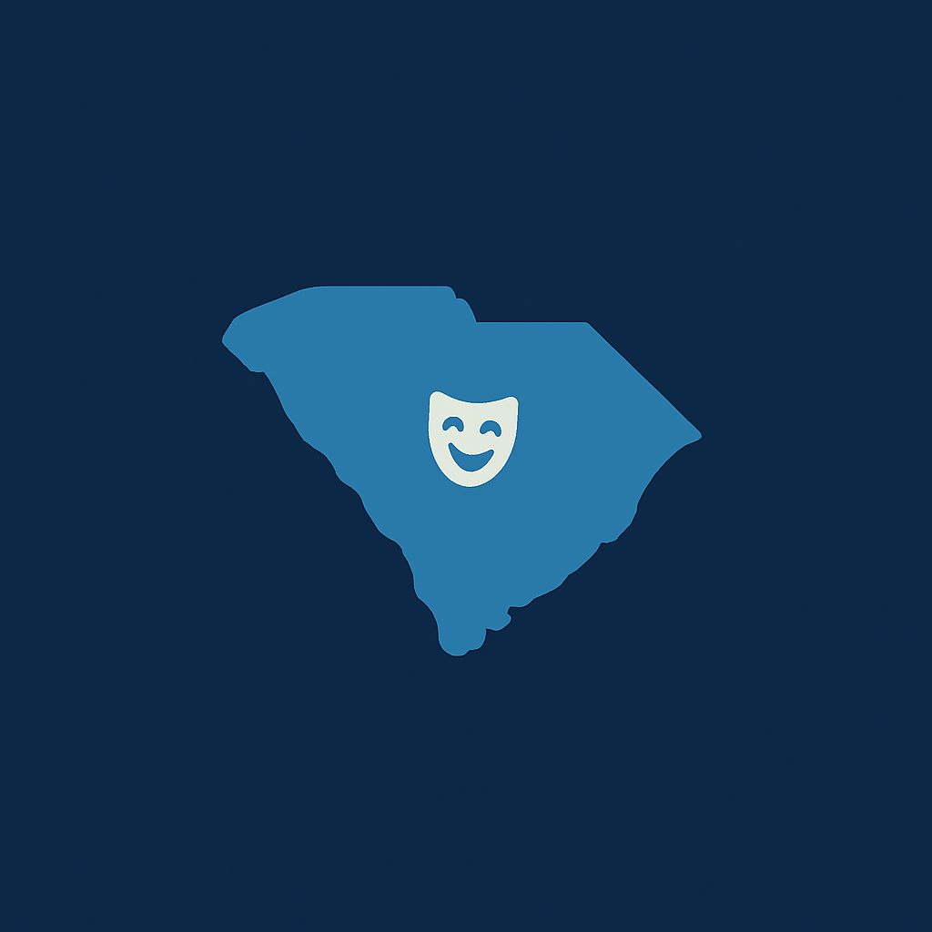 Outline of the state of South Carolina with a smiling, happy face icon in the center.