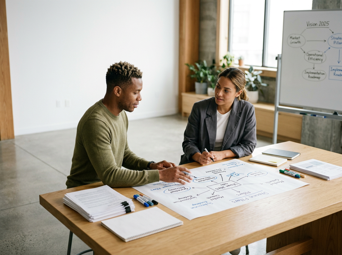 Two colleagues having a discussion at a table in a modern office, with a whiteboard and plants in the background.