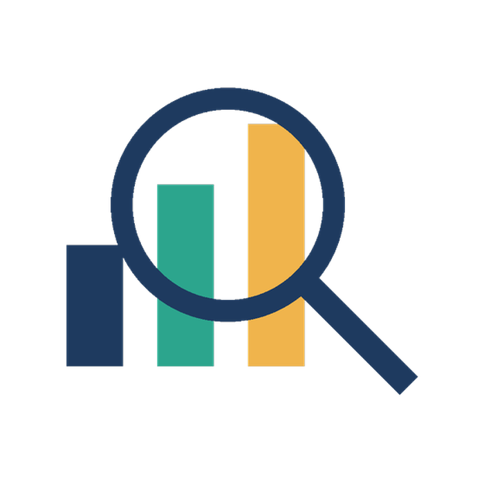 A bar graph with three vertical bars in blue, green, and orange, viewed through a large magnifying glass.