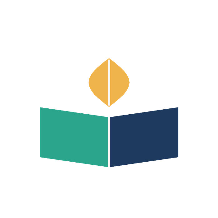 Graphic of a book with an orange leaf above it on a transparent background.