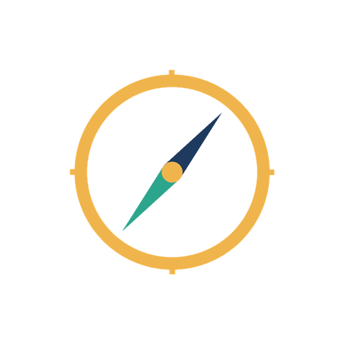 A compass with a gold outer ring and blue and green dial indicating a direction.