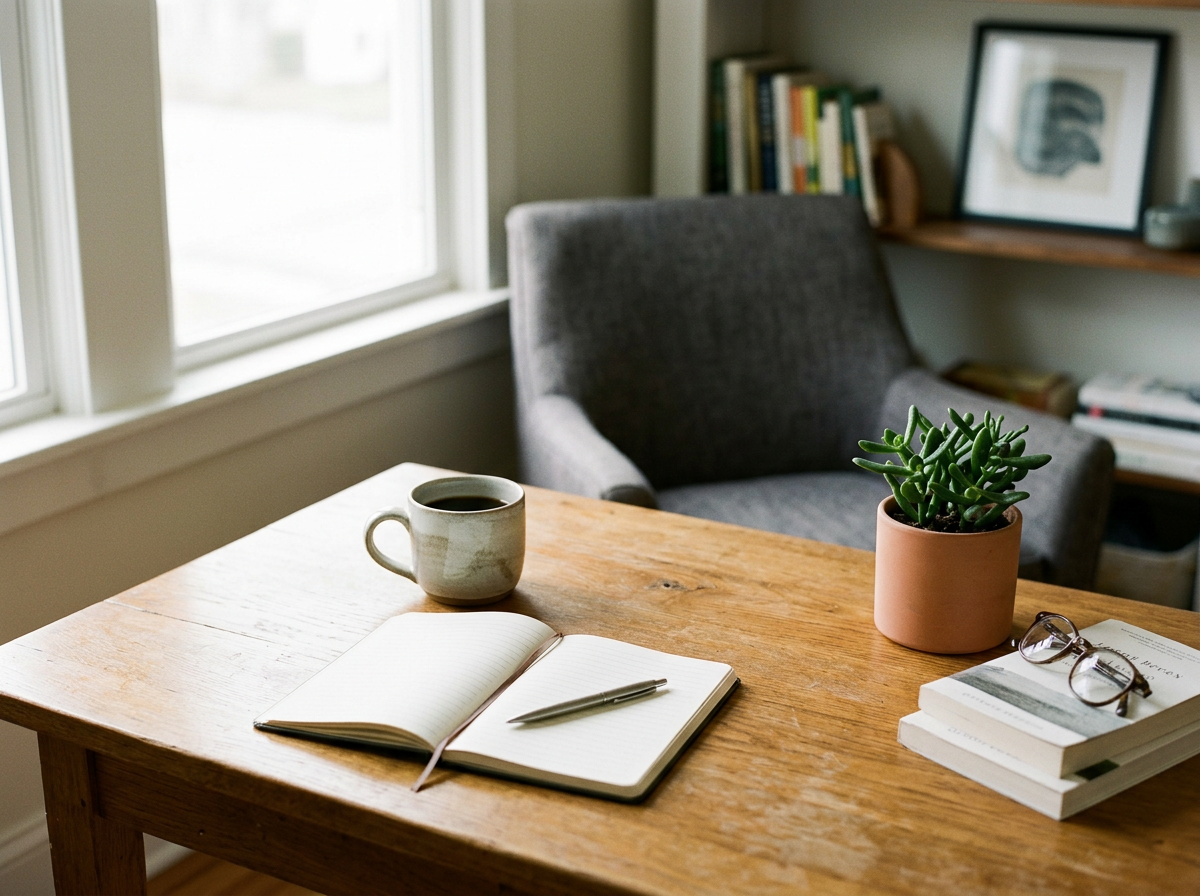 Wooden desk with a notebook, pen, coffee mug, a small potted succulent, and books, set near a window with a gray armchair and bookshelf in the background.