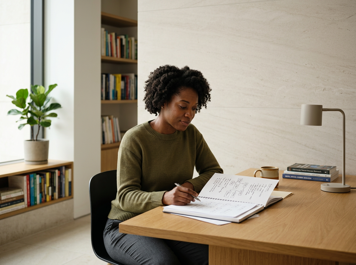 A woman sitting at a wooden desk, reading a notebook, with a coffee mug, a stack of books, and a desk lamp nearby in a well-lit room with a bookshelf and a potted plant in the background.