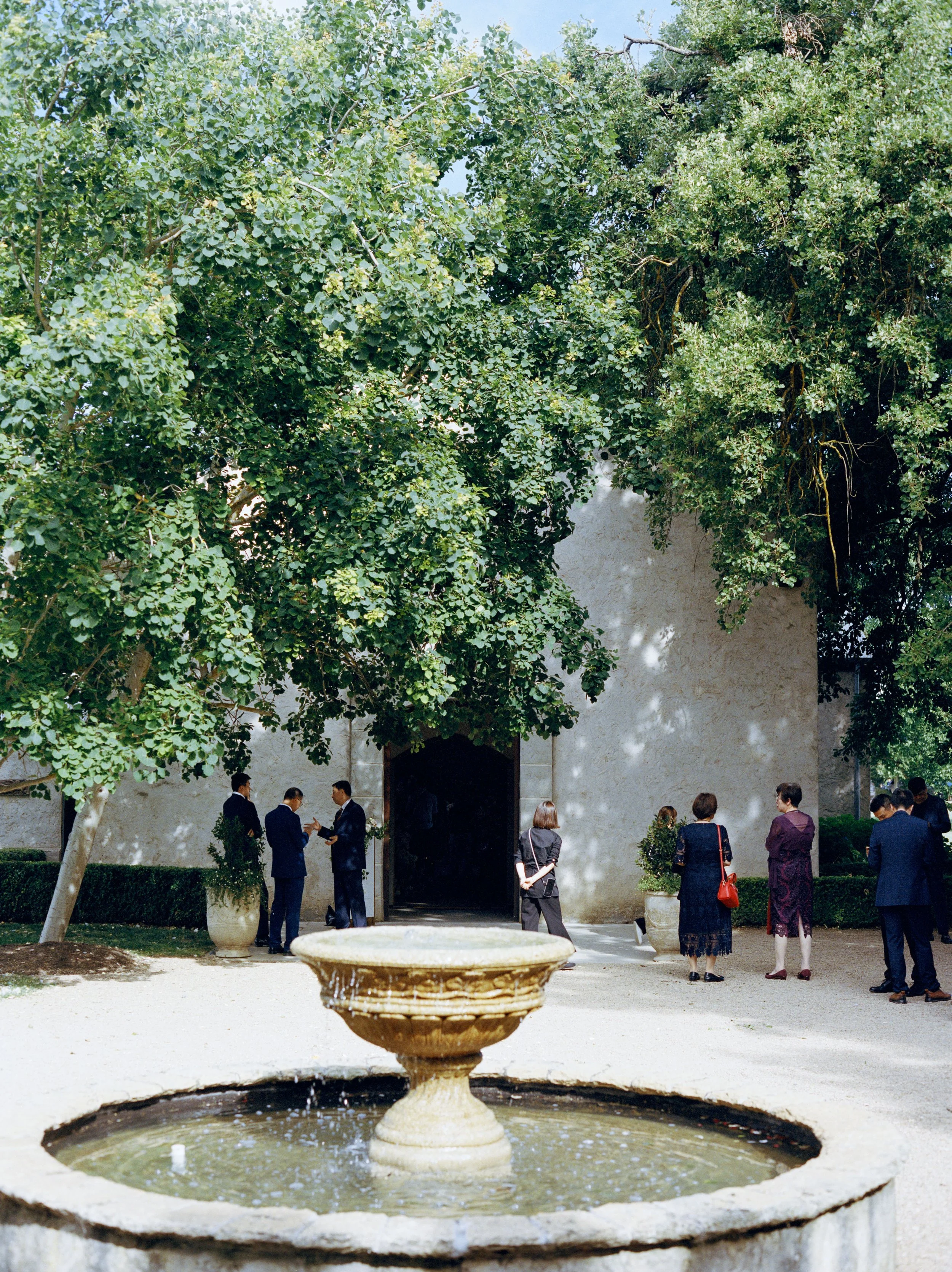A group of people in formal attire gathering outside a white building with trees overhead and a fountain in the foreground.