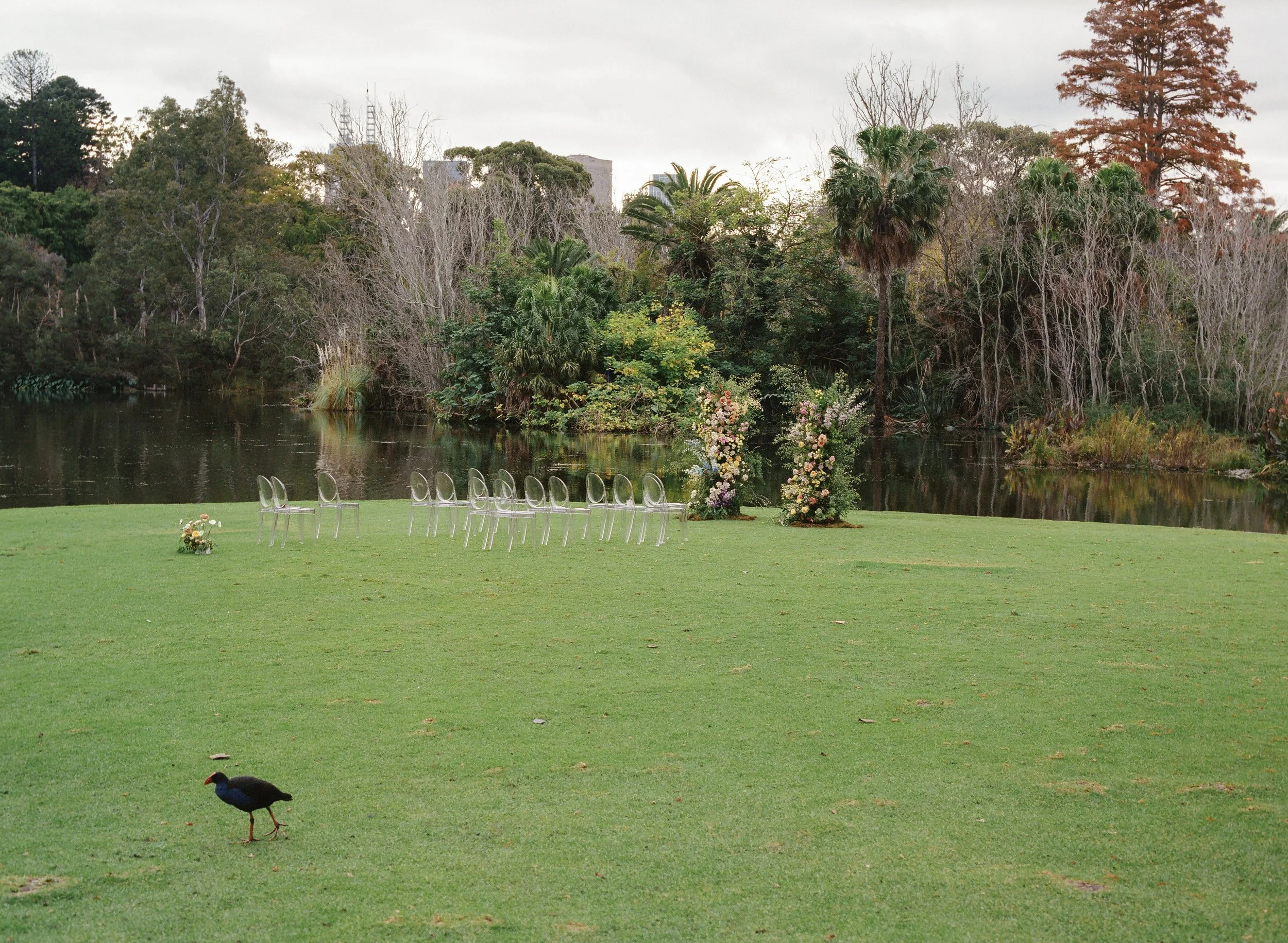 Outdoor event setup on a grassy field with clear chairs arranged in a semi-circle, floral arrangements, a pond, and lush green trees with some leafless branches in the background.