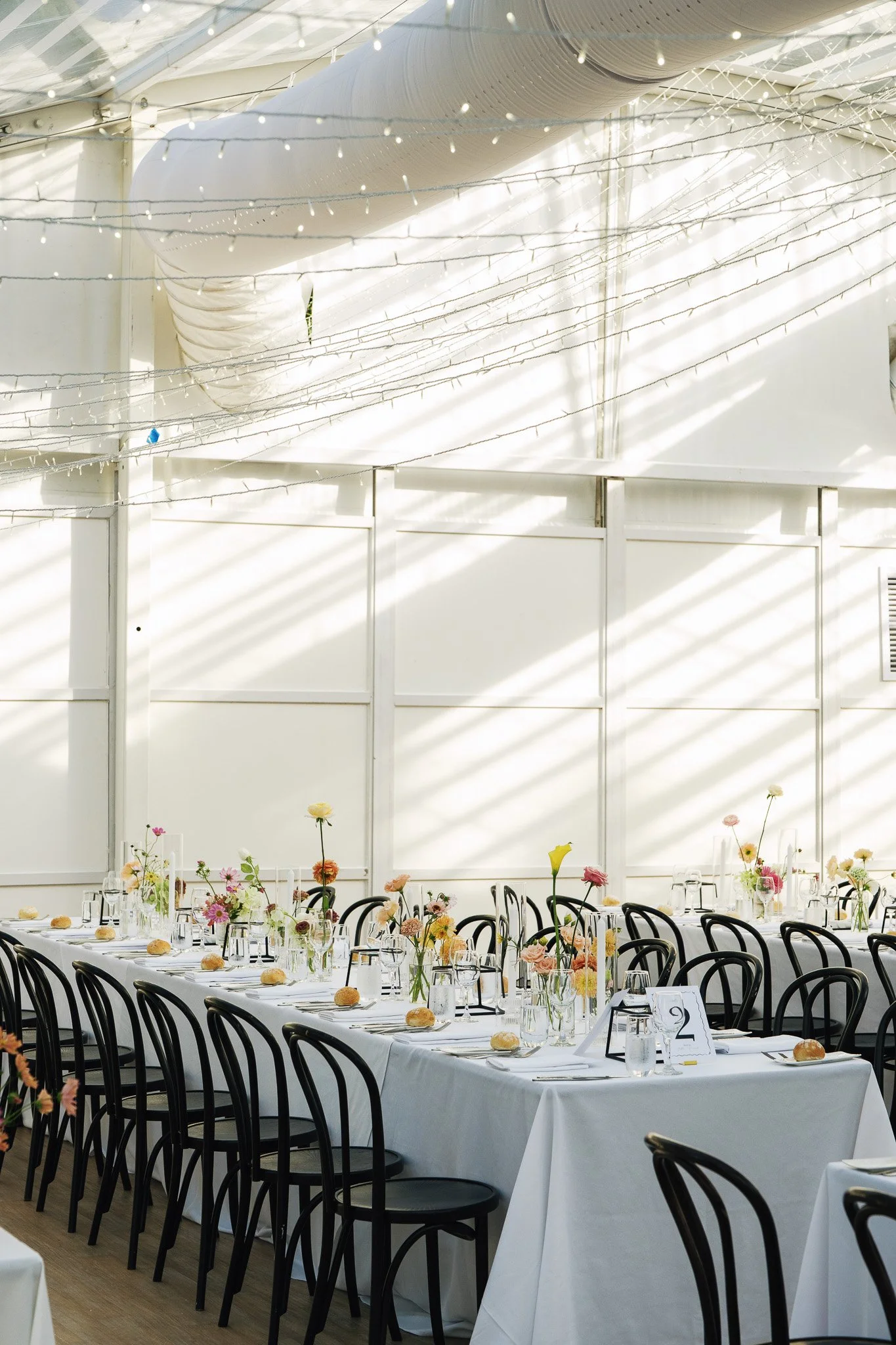 Long banquet table set for an event with white tablecloths, floral centerpieces, glasses, and bread rolls, in a bright space with white walls and string lights overhead.