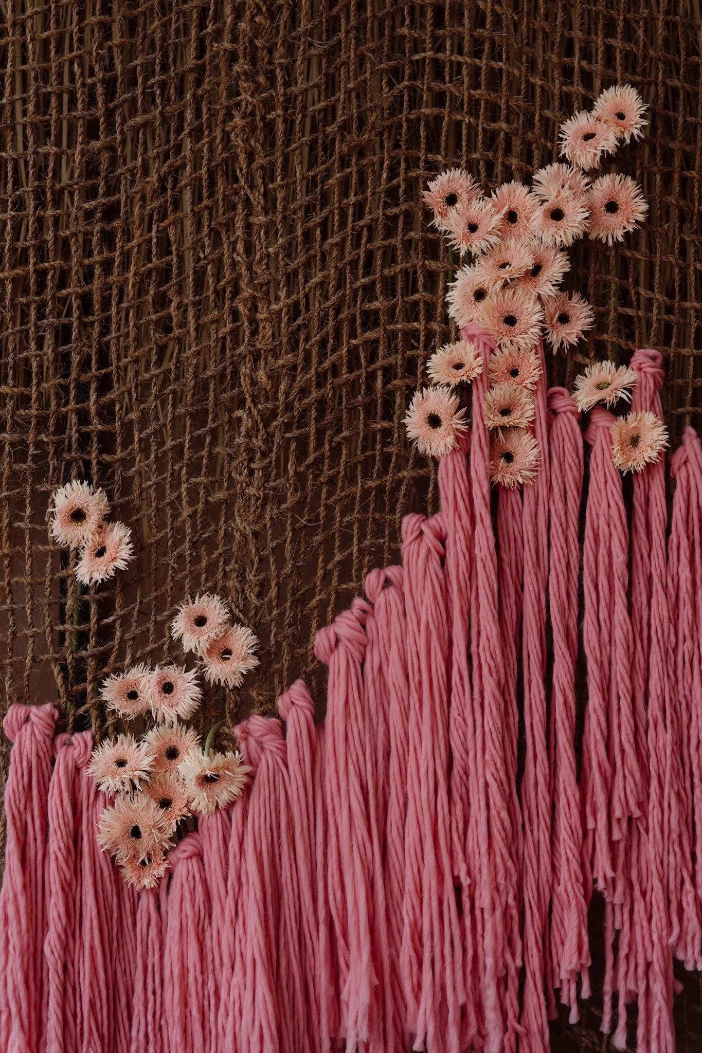 Pink flowers with dark centers and long pink braided tassels hang against a brown textured woven background.