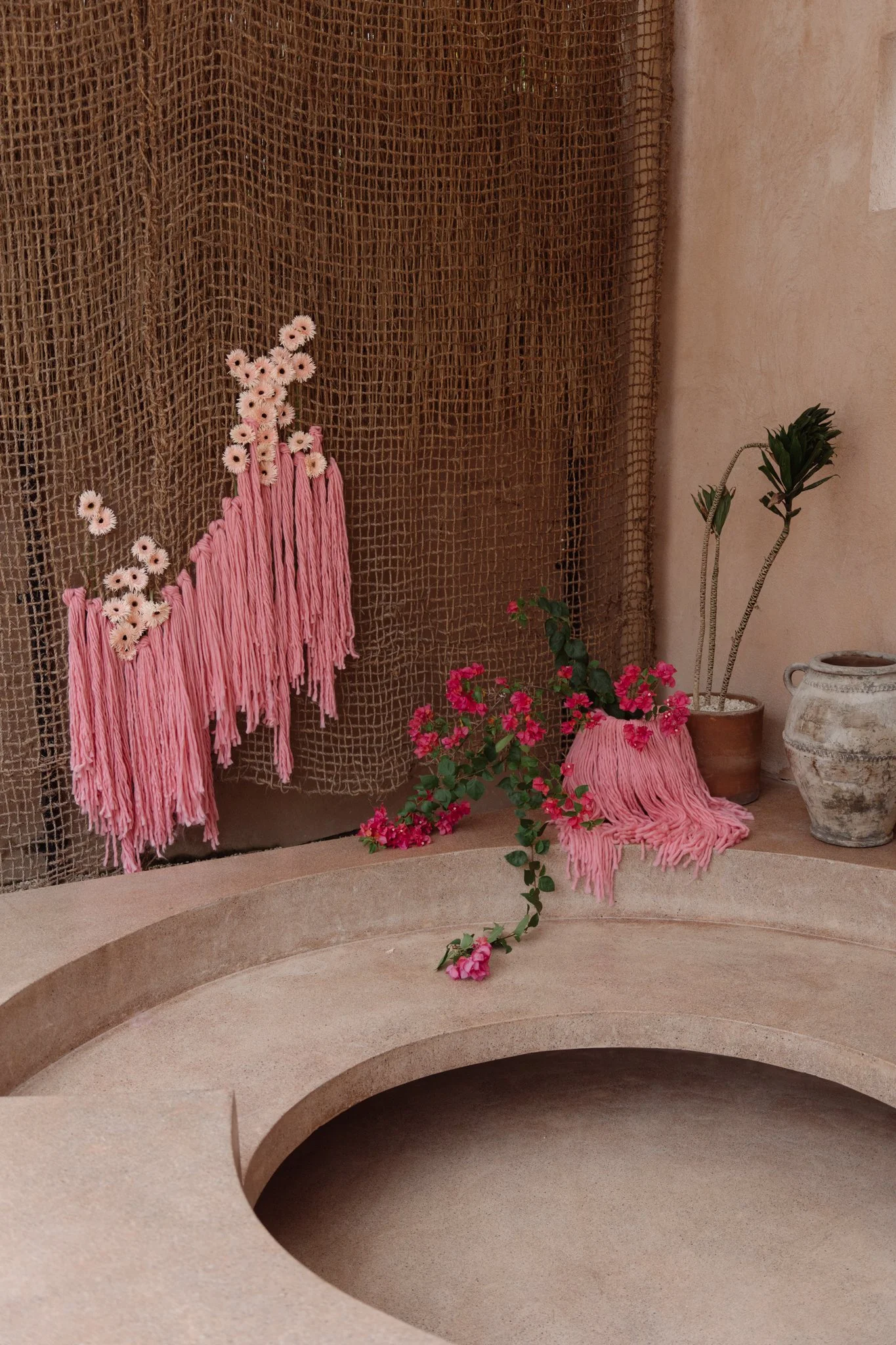 Decorative scene with pink yarn wall hanging, pink daisies, green plants in pots, and a textured background.