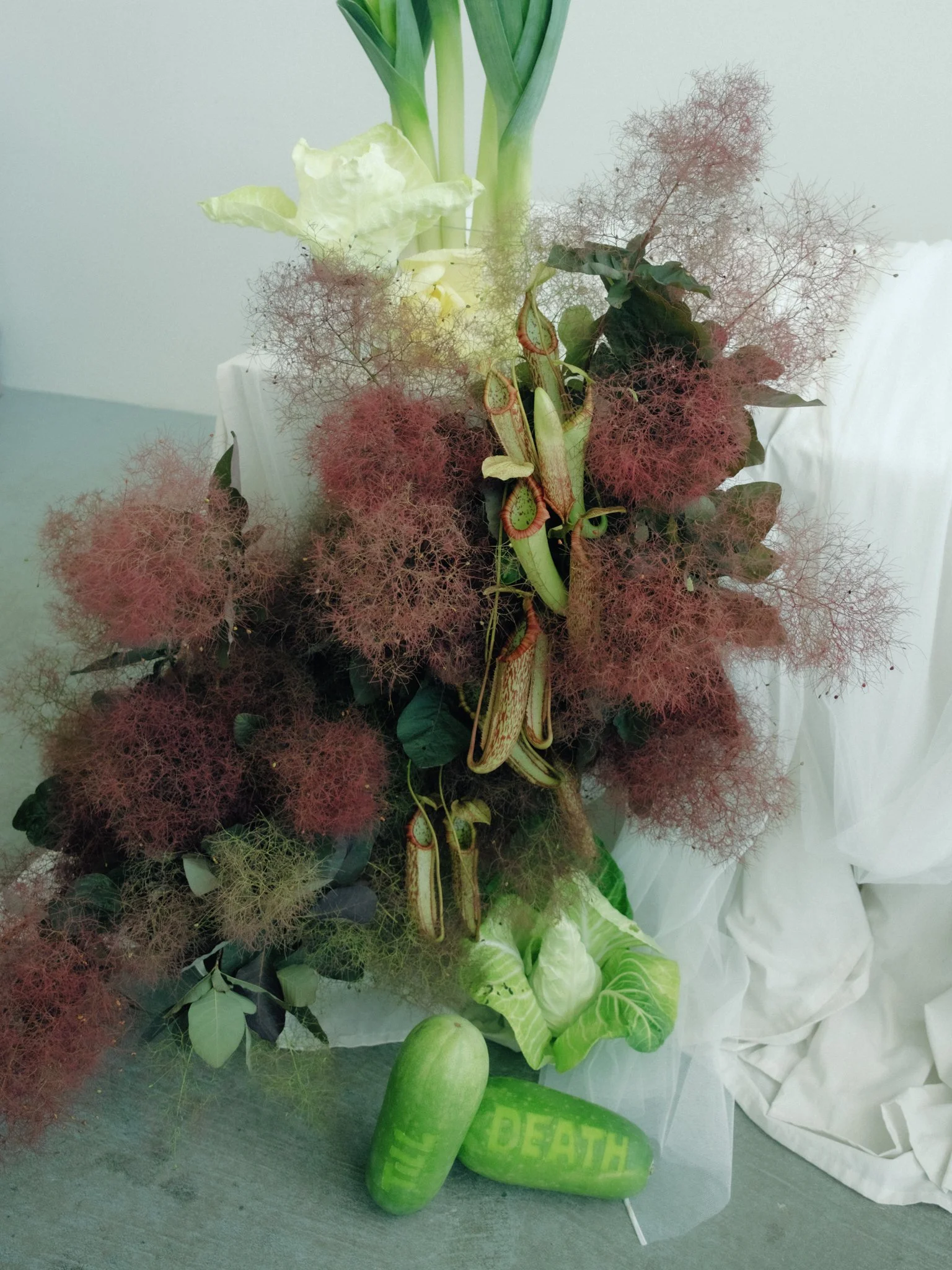 A floral arrangement with various green and reddish plants, including tall green leaves, white and green variegated leaves, and red feathery plants. Two decorated cucumbers are placed at the bottom, one with the words 'NO DEATH' painted on it, restin