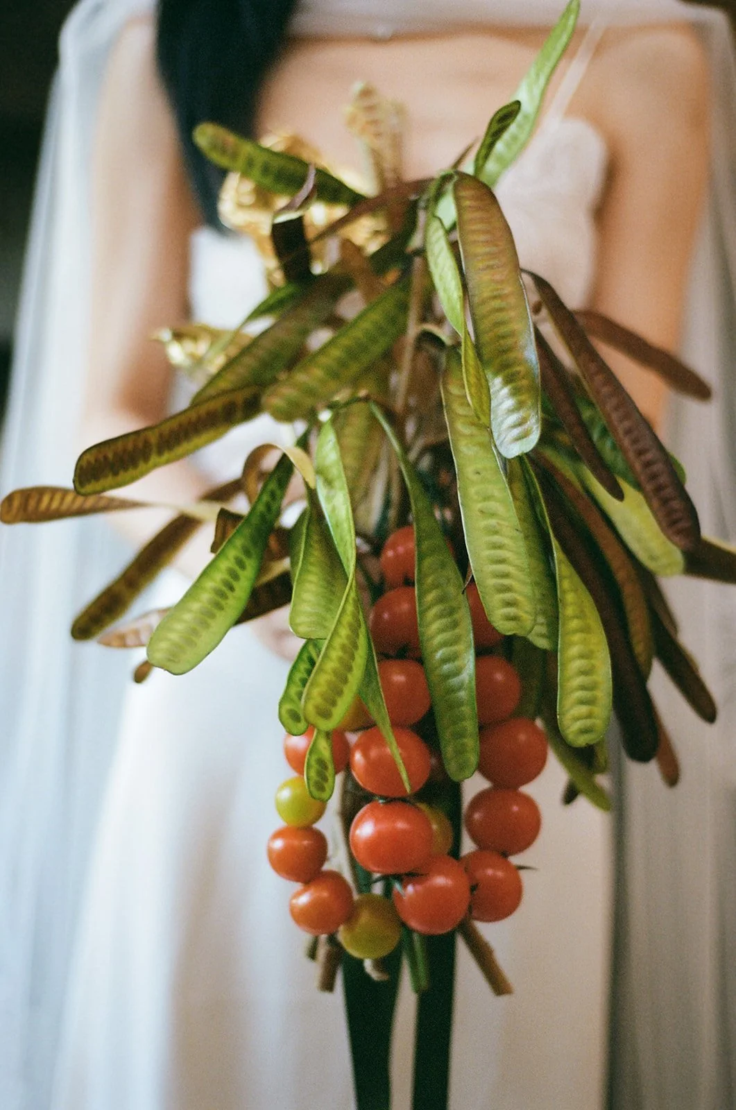 A potted plant with long green leaves and a cluster of small red and green cherry tomatoes hanging from it.