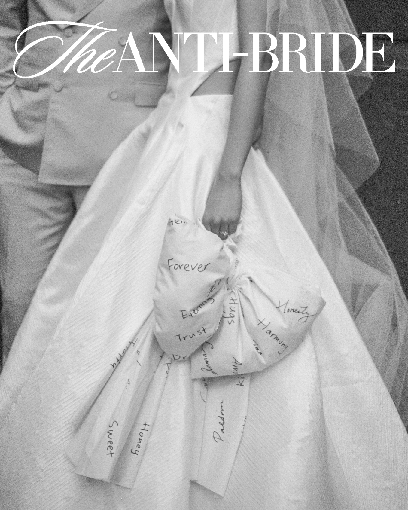 A person in a wedding dress holding a bouquet wrapped in cloth with handwritten words such as 'Forever,' 'Trust,' and 'Honesty.' The image has a text overlay that reads 'The Anti-Bride'.