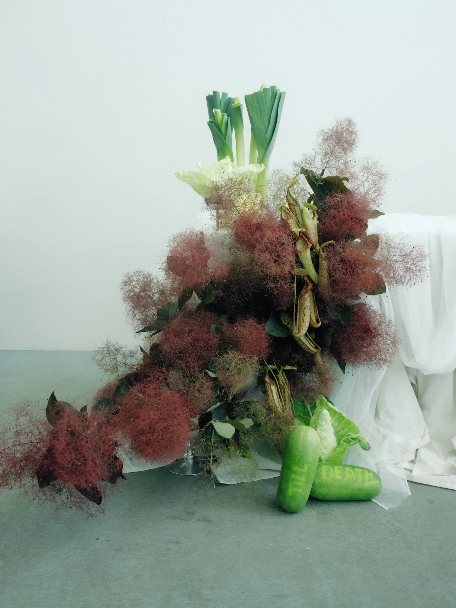 Still life arrangement of green onions, red fluffy flowers, and a green gourd with a sign reading 'DEATH' on the table, with a plain light-colored background.