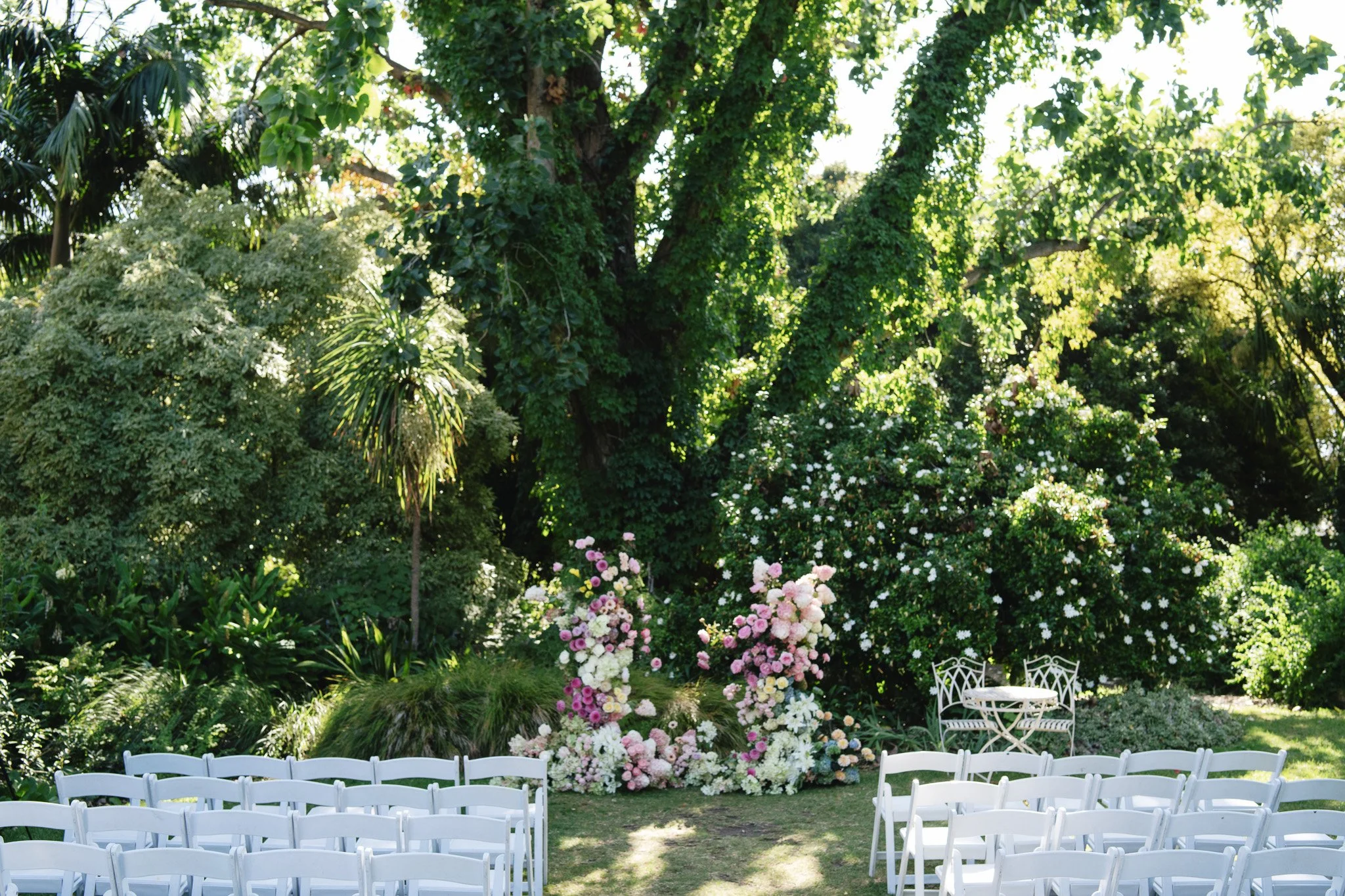 An outdoor wedding setup with white chairs arranged in rows on a grassy area, facing a floral arch decorated with pink and white flowers, under a large tree with lush green foliage in the background.