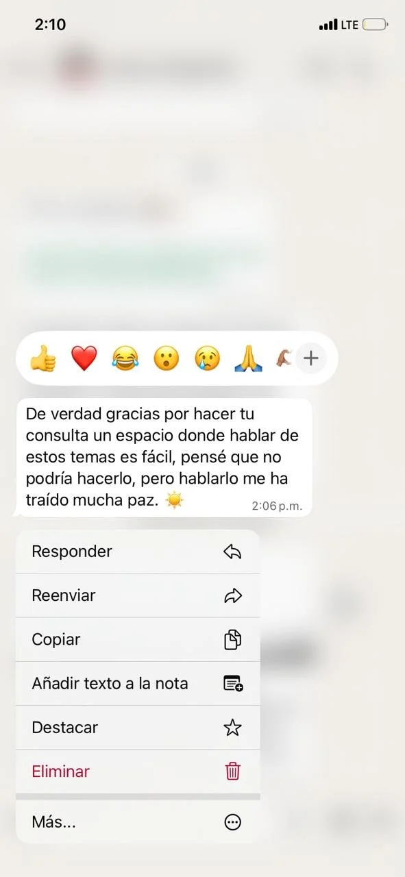 Una pantalla de teléfono con una conversación en un chat, mostrando opciones de respuesta y una nota agradeciendo por un espacio de conversación sobre temas difíciles.