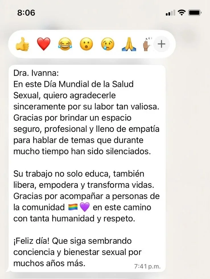 Mensaje de agradecimiento a la Dra. Ivanna por su trabajo en el Día Mundial de la Salud Sexual, resaltando su labor valiosa, profesionalismo, empatía, educación y los efectos transformadores en la comunidad, promoviendo la conciencia y el bienestar sexual.