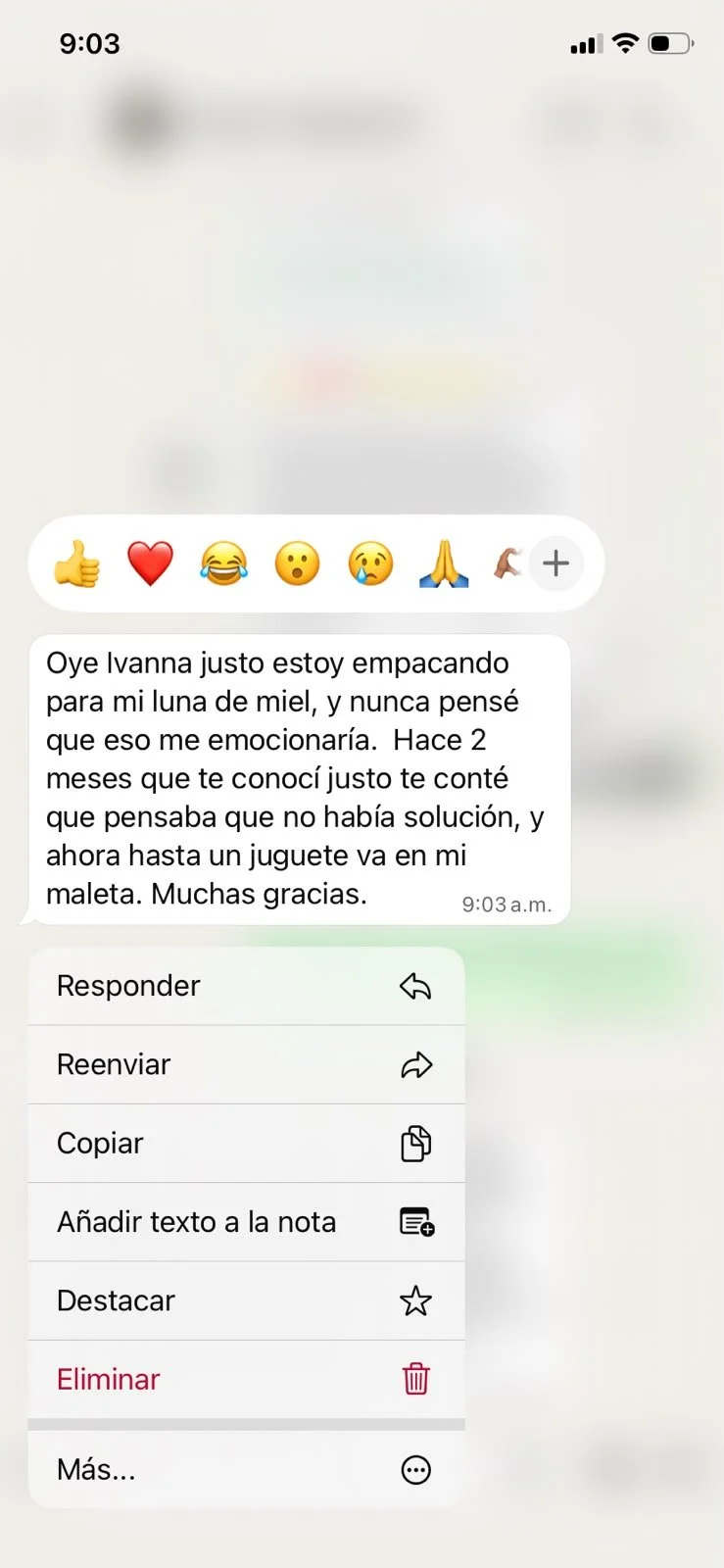 Captura de pantalla con testimonio