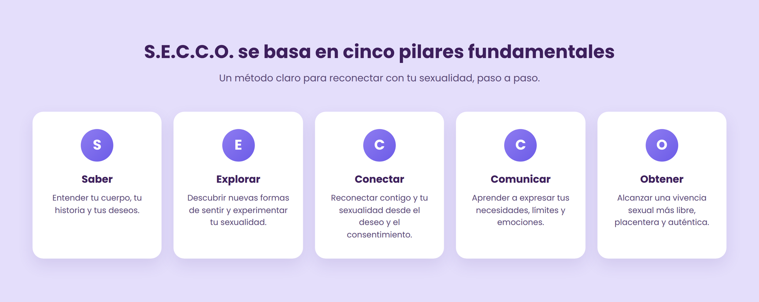 Gráfico que explica los cinco pilares fundamentales del método S.E.C.C.O., con títulos: Saber, Explorar, Conectar, Comunicar y Obtener, cada uno con una breve descripción.
