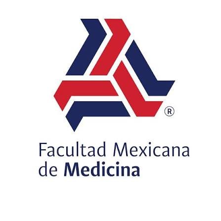 Logotipo de la Facultad Mexicana de Medicina con un diseño abstracto en colores rojo, negro y azul, y el texto 'Facultad Mexicana de Medicina' debajo.