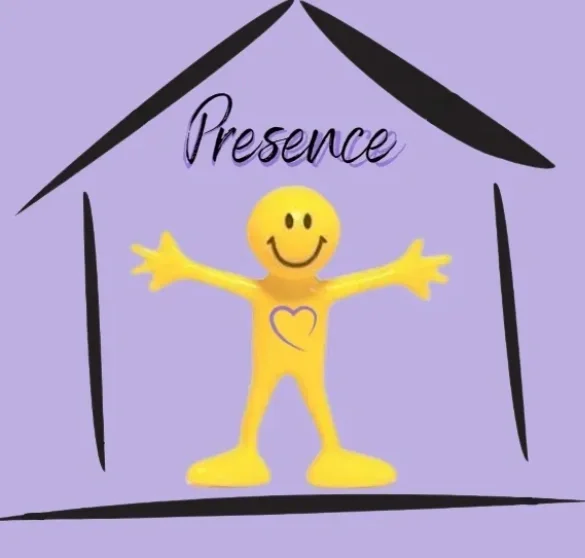 A yellow smiling cartoon figure with outstretched arms under a simple house frame, with the word "Presence" written above, all on a purple background.