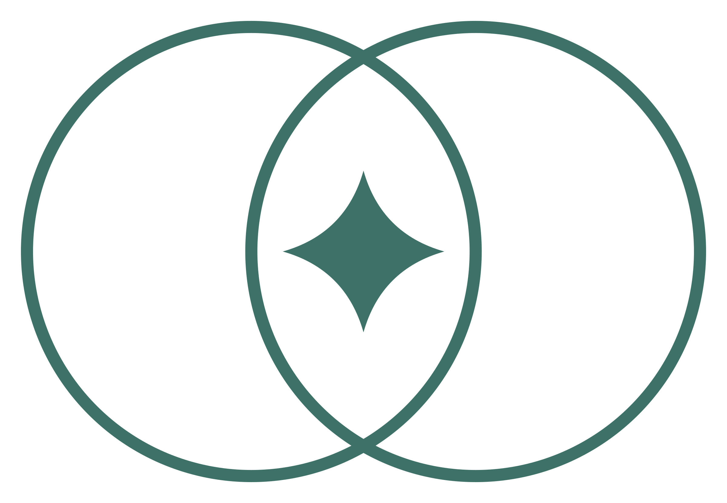 A geometric design featuring overlapping circles and a central leaf-like shape on a black background.