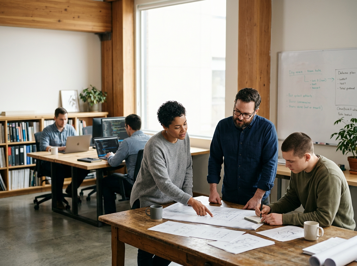 A team of four people collaborating in a modern office and reviewing product management plans on a wooden table.
