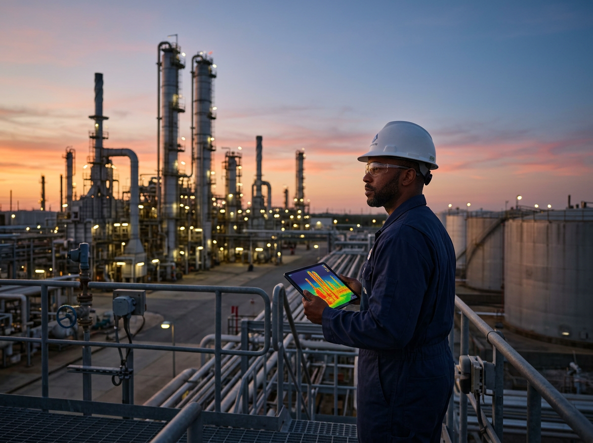 A worker at an oil refinery is holding a tablet device with a colorful heat map, with the refinery's pipes and towers in the background during sunset.