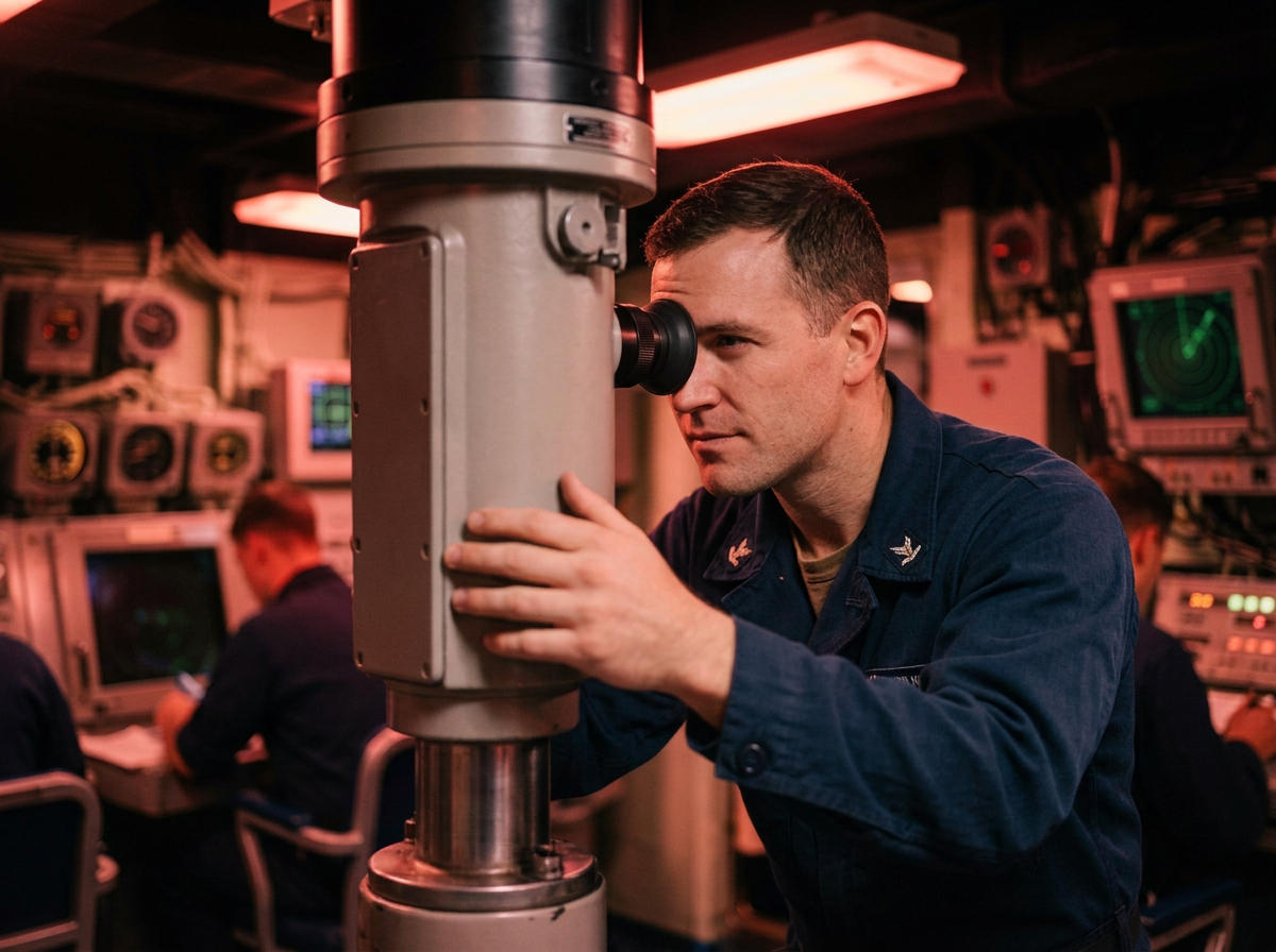 A man in military uniform looking through a submarine periscope in a control room with multiple monitors and other personnel.