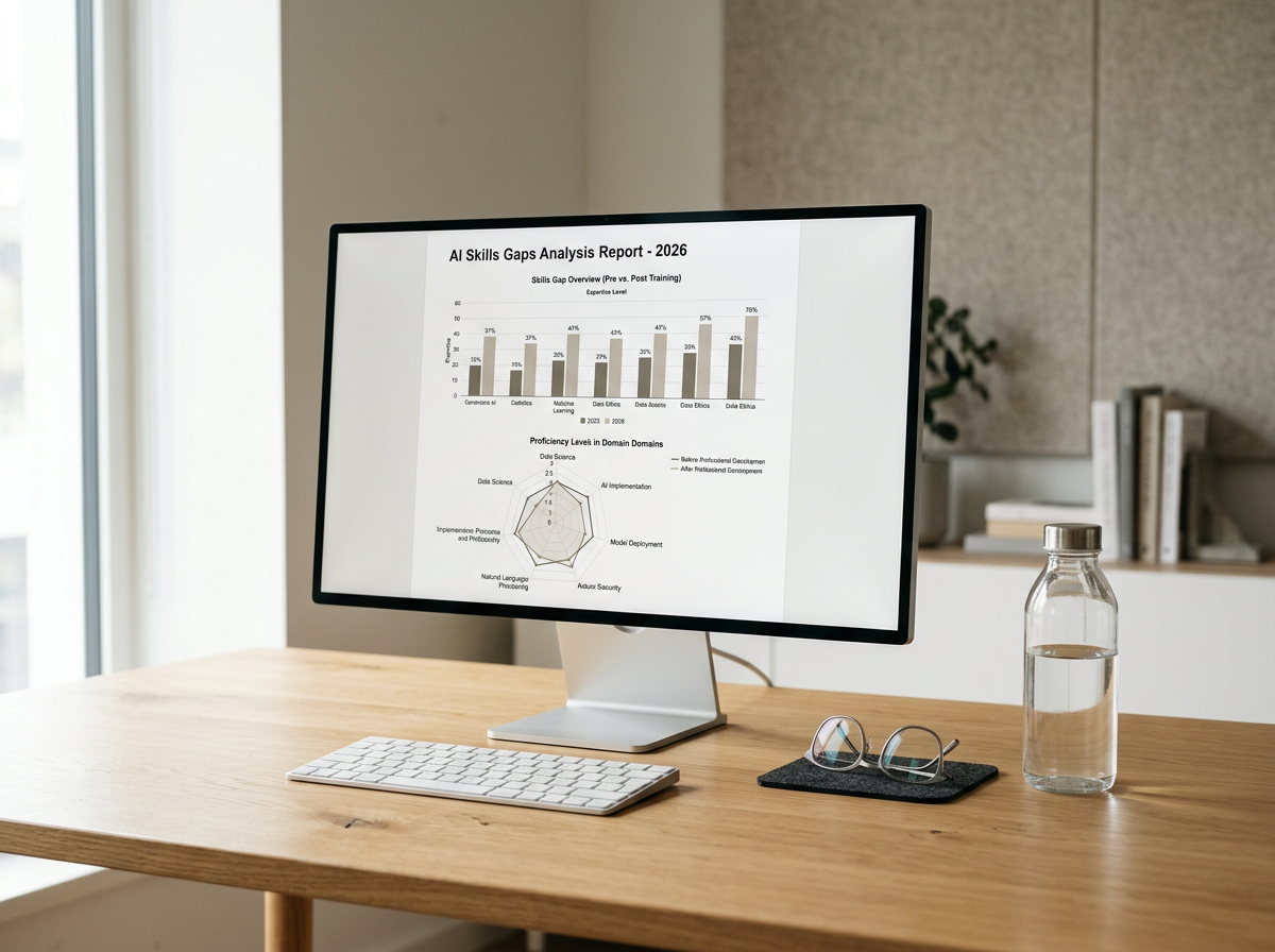 Computer monitor displaying a report titled 'AI Skills Gaps Analysis Report - 2026' with graphs and charts, on a wooden desk with a keyboard, glasses on a black mat, a water bottle, and a room with a bookshelf in the background.