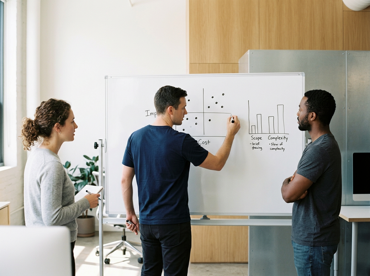 Three individuals in a modern office near a whiteboard. The whiteboard displays various technology assessment and evaluation graphs and charts, including a scatter plot, bar graphs labeled 'Scope' and 'Complexity,' and some annotations.