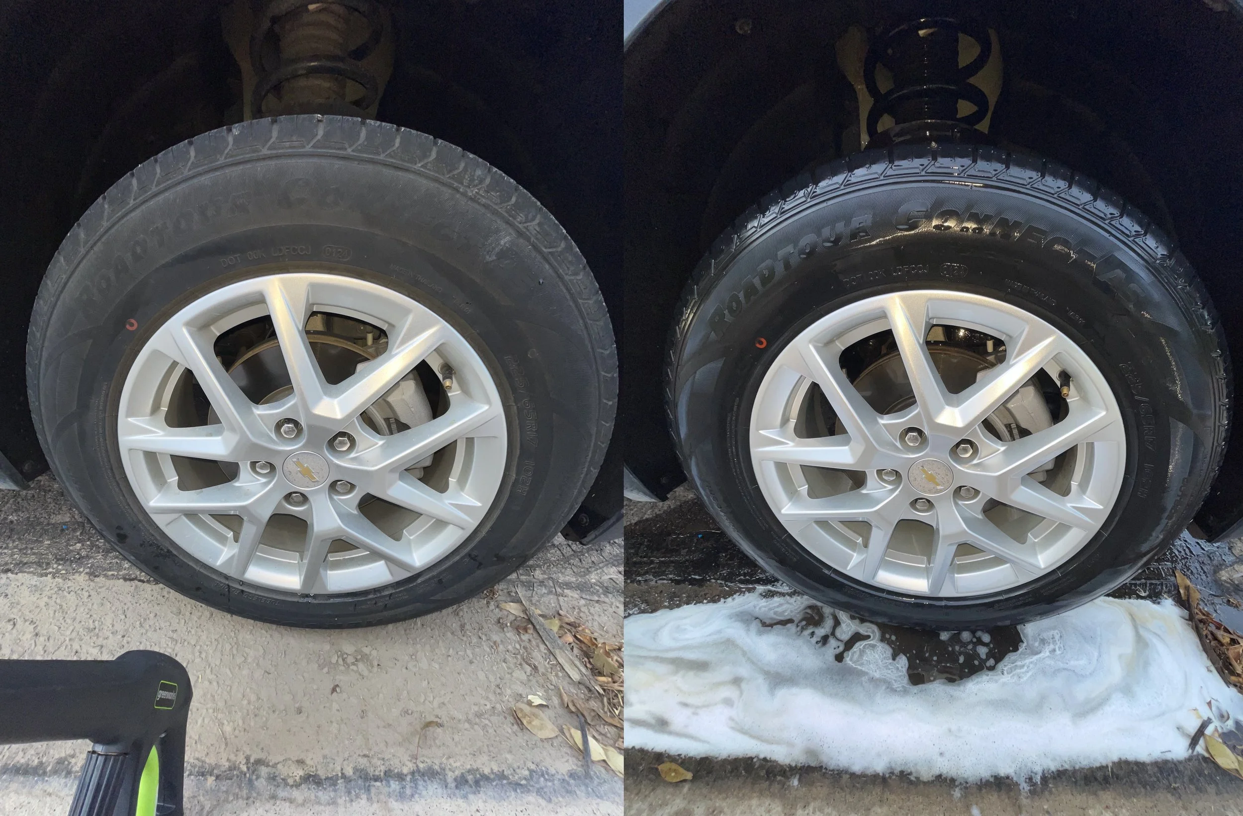 Before and after wheel and tire cleaning completed by Detail Magician mobile detailing in Chandler, Arizona.