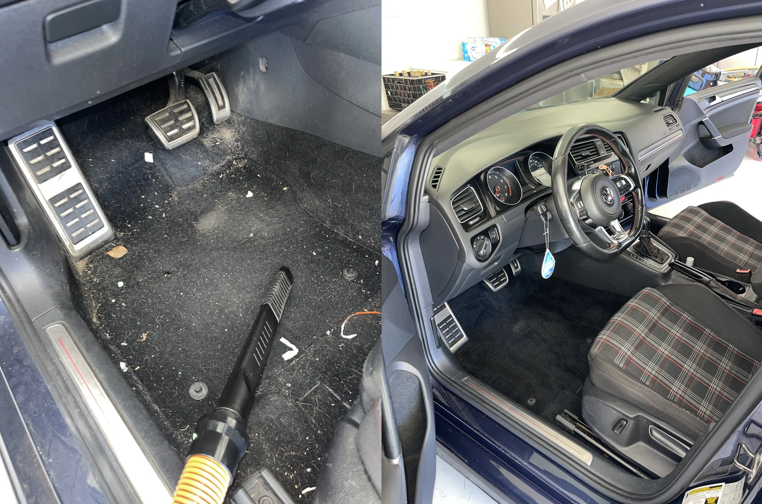Before and after interior detail on a Volkswagen GTI in Gilbert, Arizona. The driver side carpet, pedals, dashboard, and interior surfaces were thoroughly vacuumed and cleaned by Detail Magician.