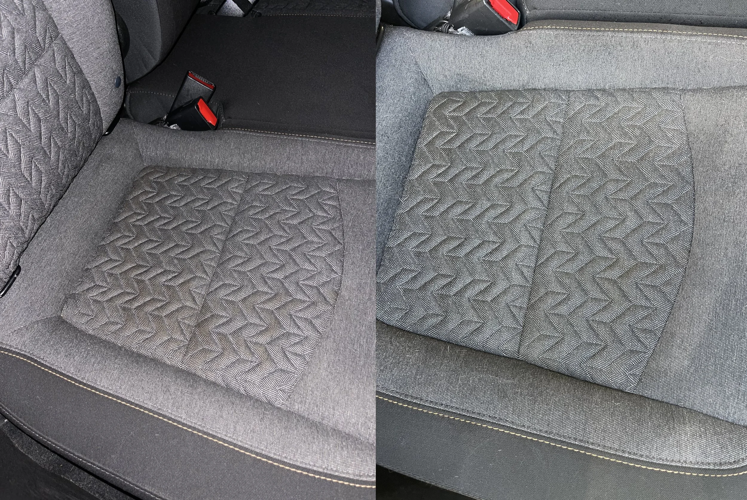 Before and after cloth car seat cleaning completed by Detail Magician mobile detailing in Chandler, Arizona.