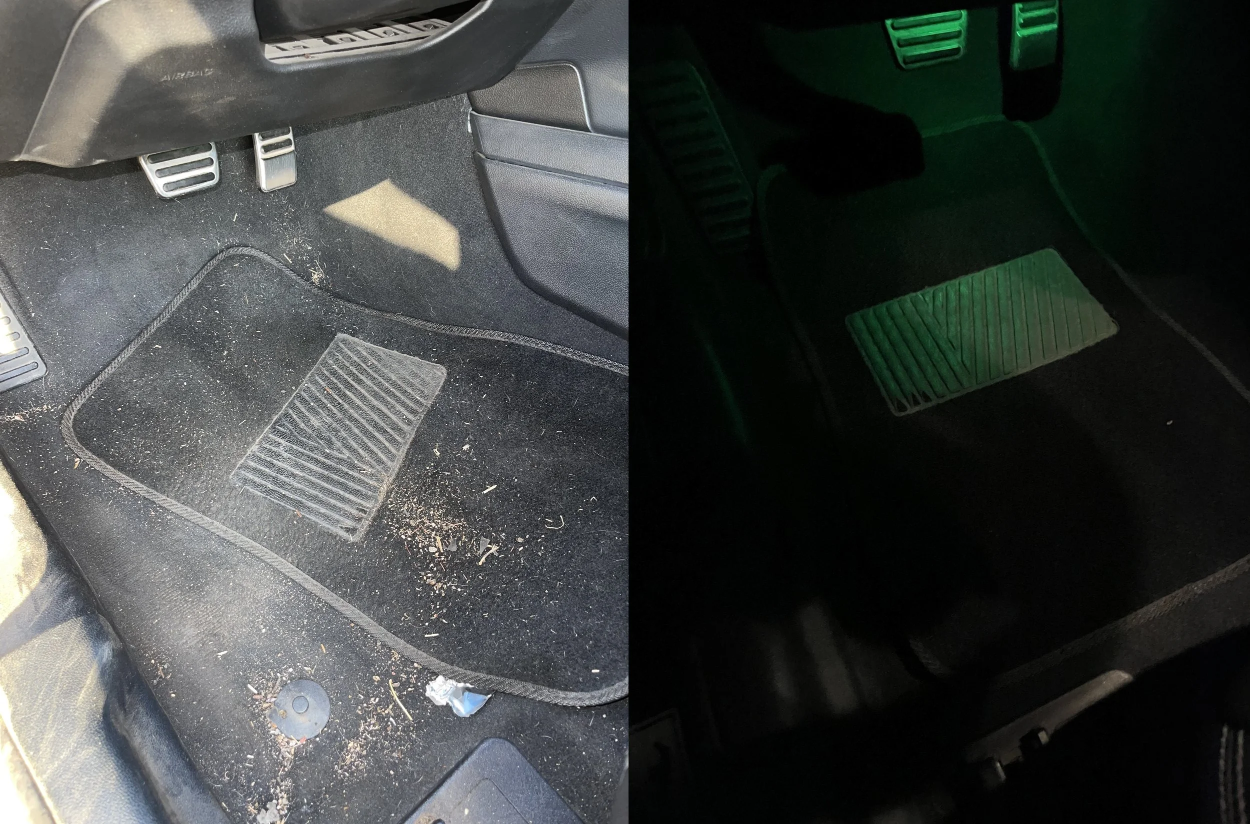 Before-and-after vacuuming and cleaning of a vehicle’s driver-side footwell and floor mat completed by Detail Magician mobile detailing in Chandler, Arizona.