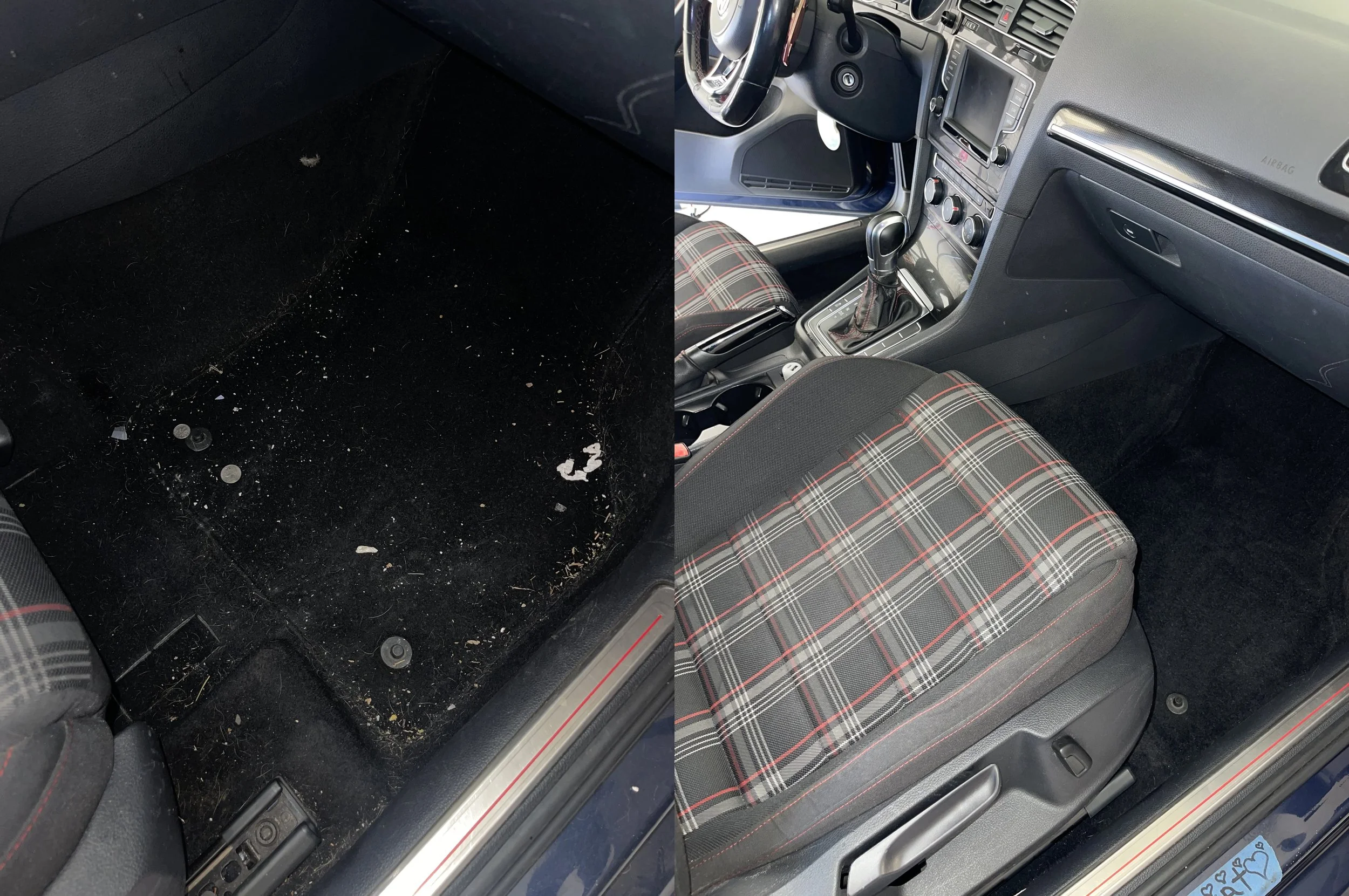 Before and after passenger side interior detail on a Volkswagen GTI in Gilbert, Arizona. Dirt, debris and cat hair were removed from the carpet, and the seat, dashboard, center console, and trim were thoroughly cleaned by Detail Magician.