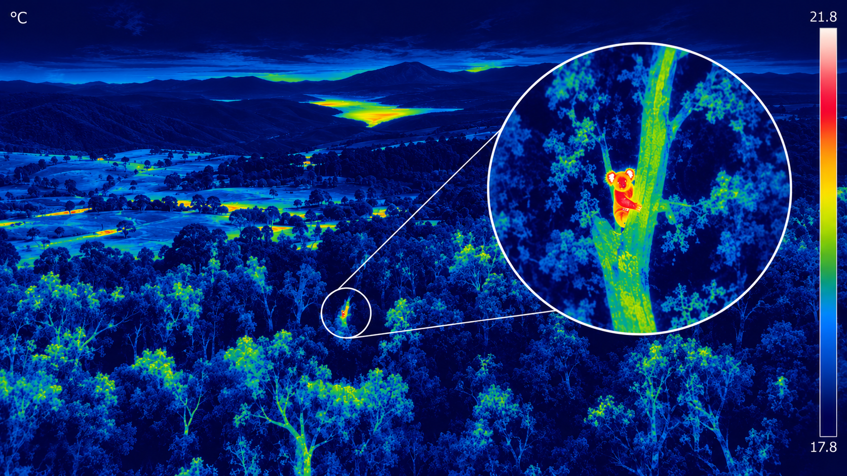 Infrared heat map of landscape with mountains, trees, and fields, showing a zoomed-in section of a tree with a small animal, possibly a koala, in the branches at 21.8°C.