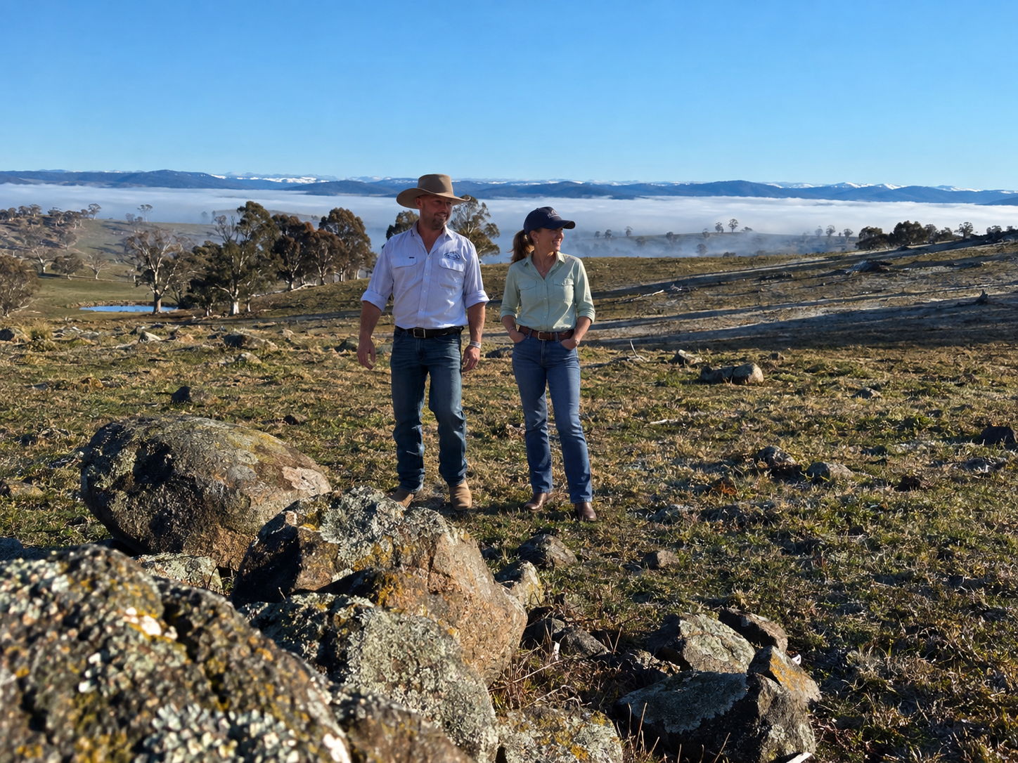 A man and a woman walking outdoors in a rocky, grassy landscape with trees and mountains in the background, under a clear blue sky.