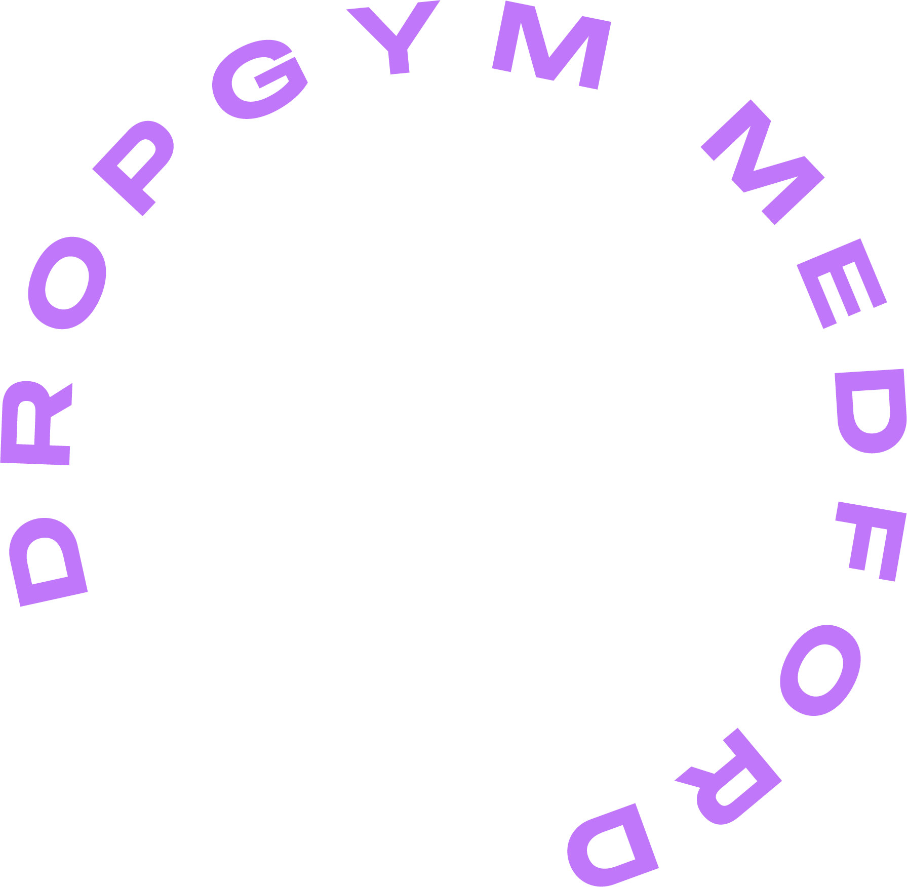 A circular arrangement of purple block letters spelling out 'DROPGYM MEDFORD'.