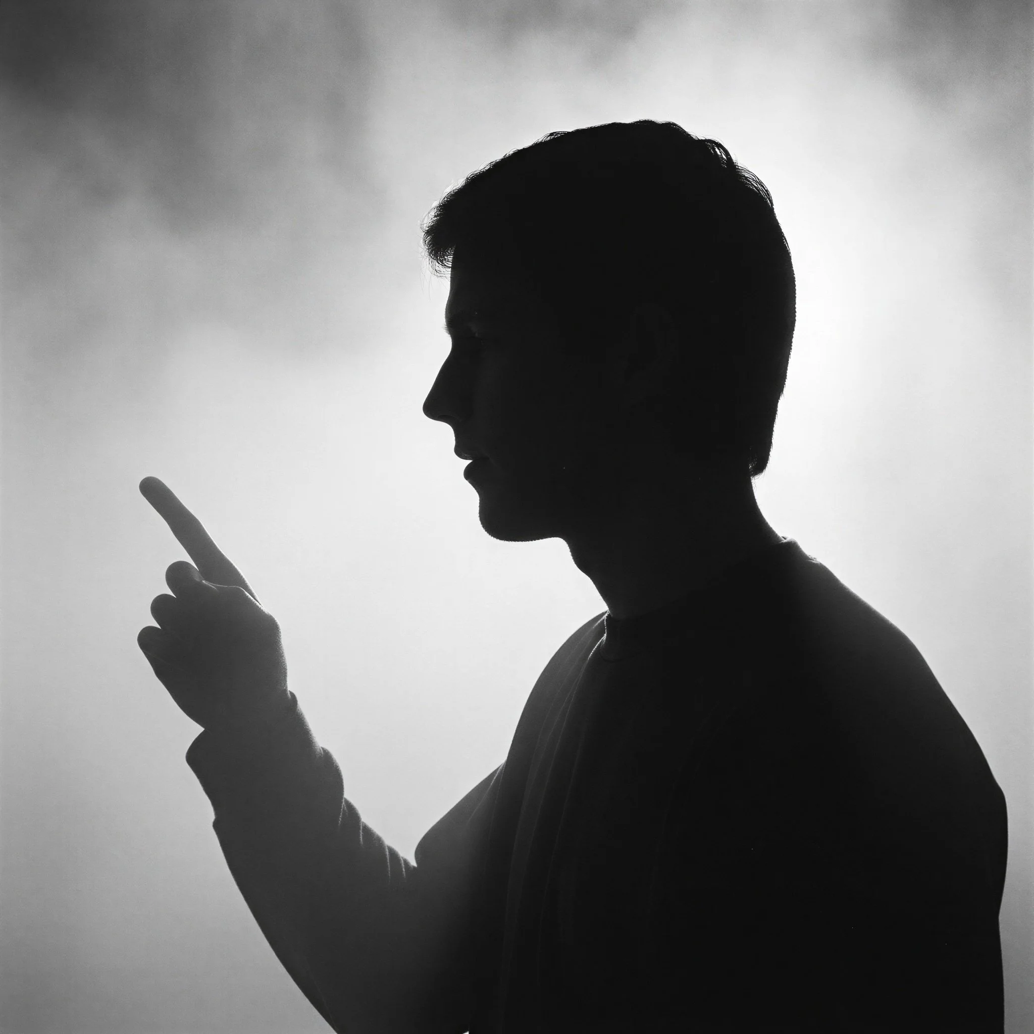 Silhouette of a man with short hair raising his hand slightly and asking a question about something.