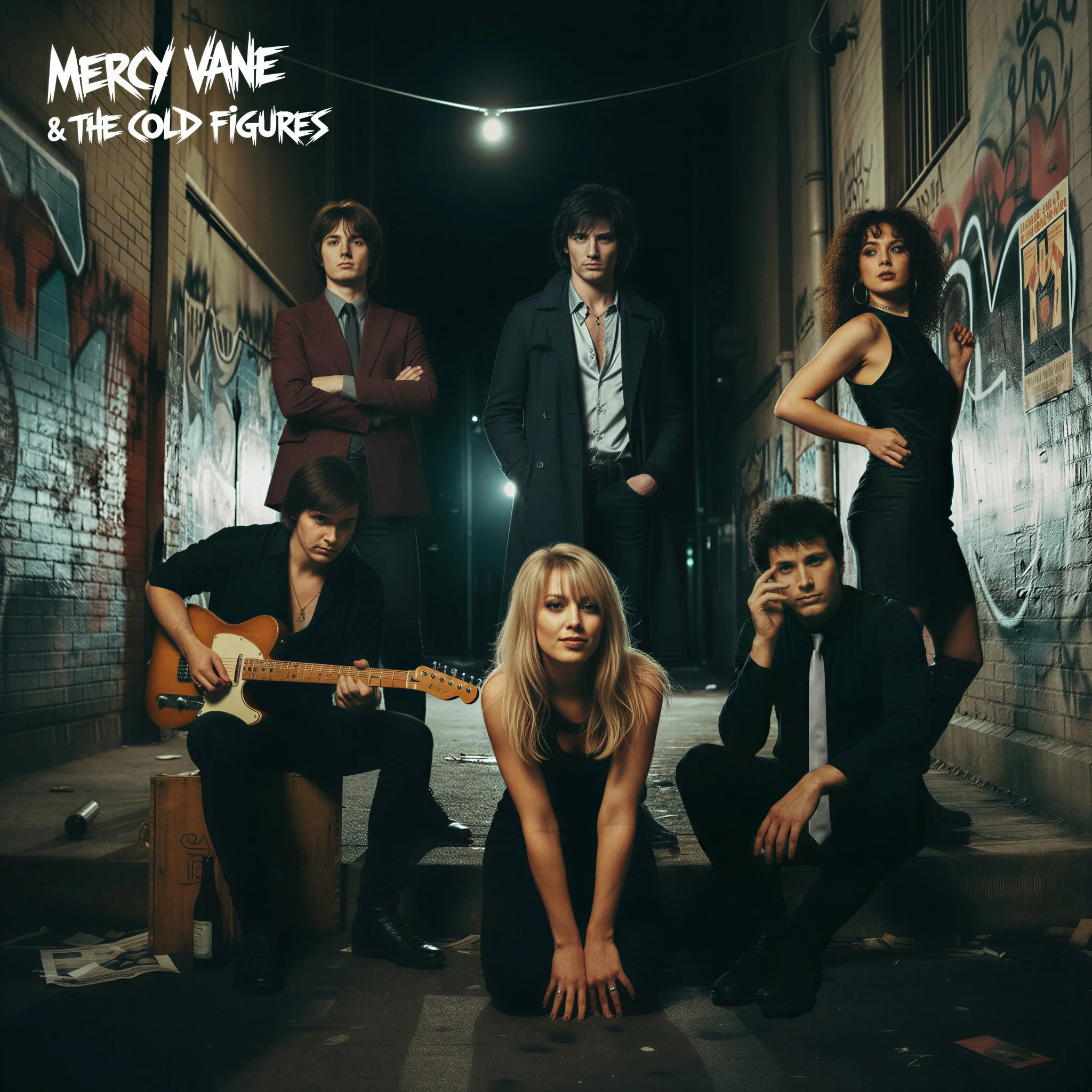 A promotional picture of the fictional 1980's pop rock band - Mercy Vane & The Cold Figures. They are featured in various poses in a dark alley.