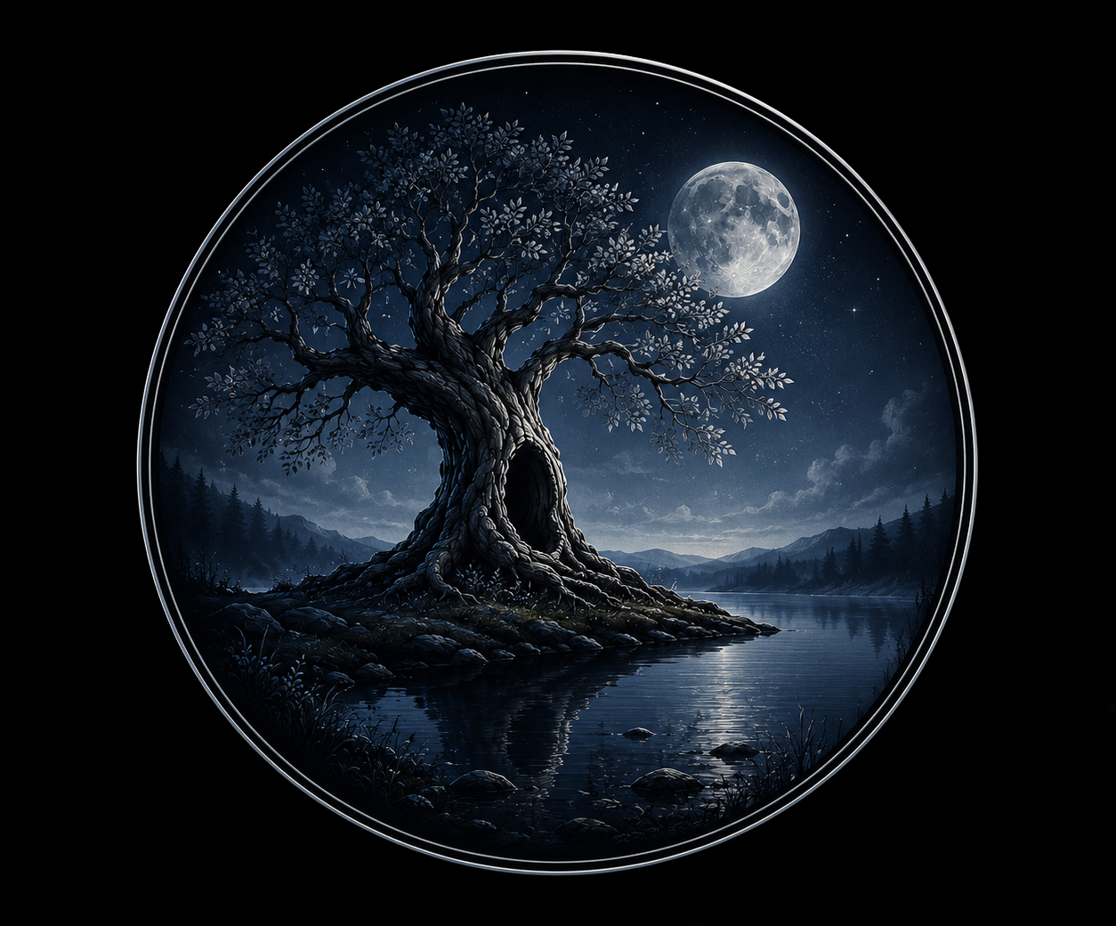 Illustration of a large, ancient tree with twisted roots and a hollow trunk, situated on a lakeshore under a night sky with a full moon and stars, enclosed in a circular frame.